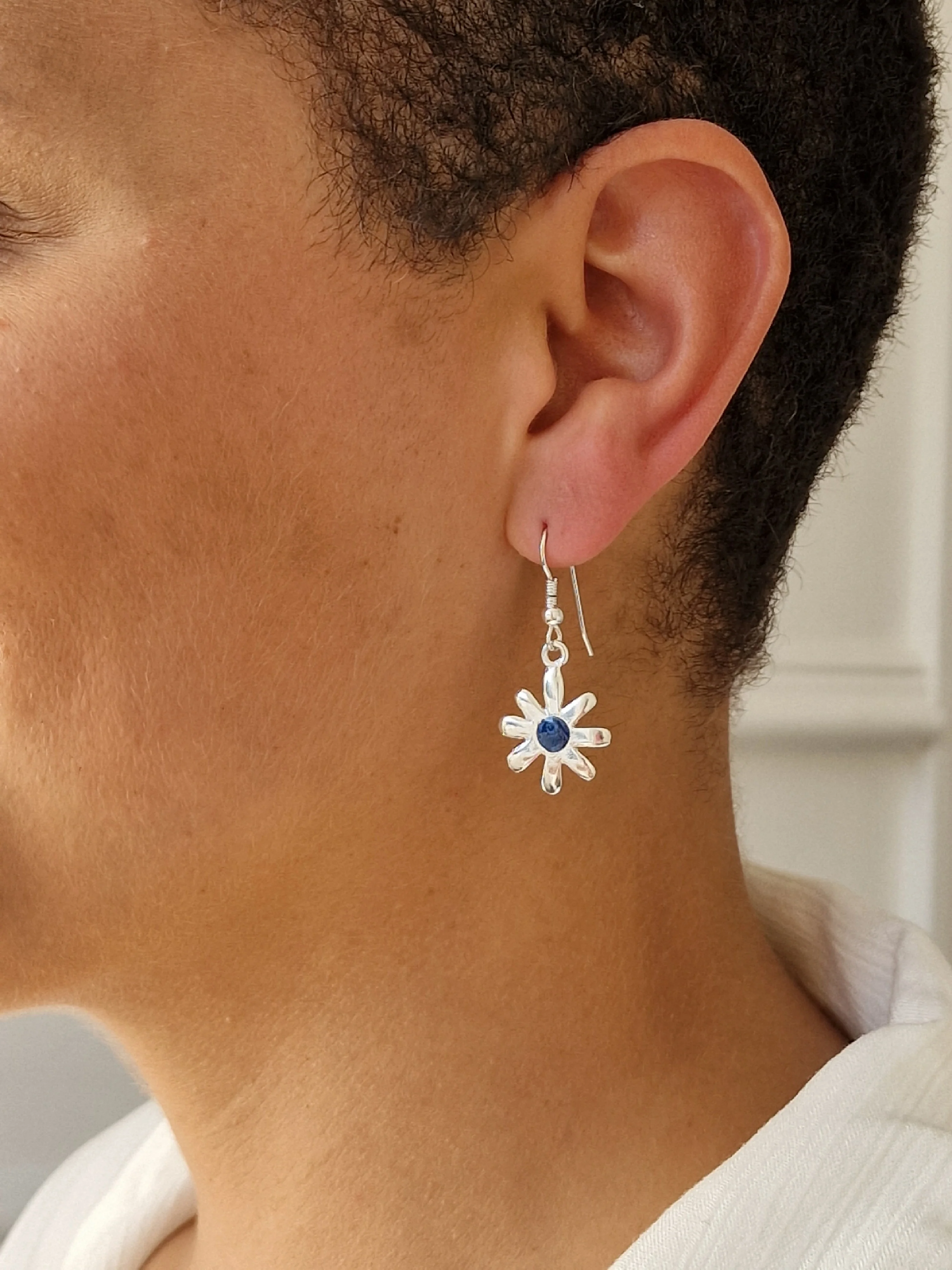 Vintage Silver Plated Flower Charm Drop Earrings with Blue Enamel - Image 4