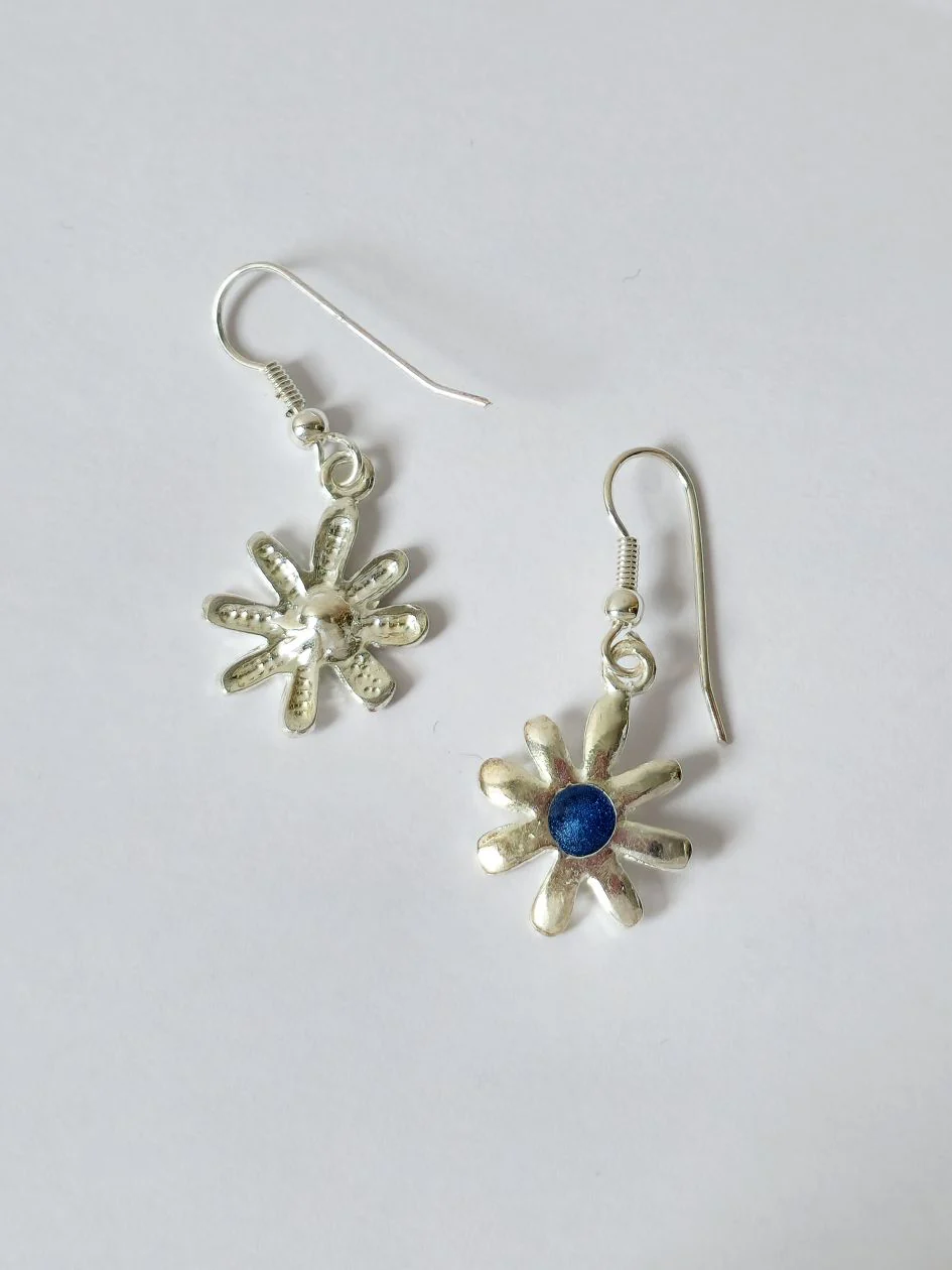 Vintage Silver Plated Flower Charm Drop Earrings with Blue Enamel - Image 5