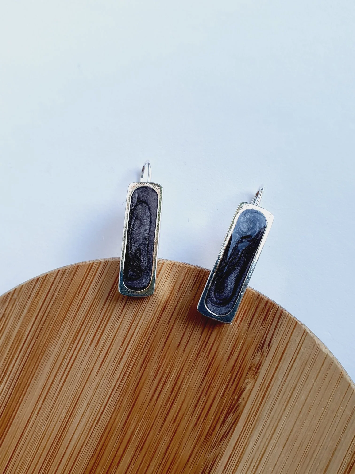 Vintage Silver Plated Grey Enamel Drop Earrings - Image 2