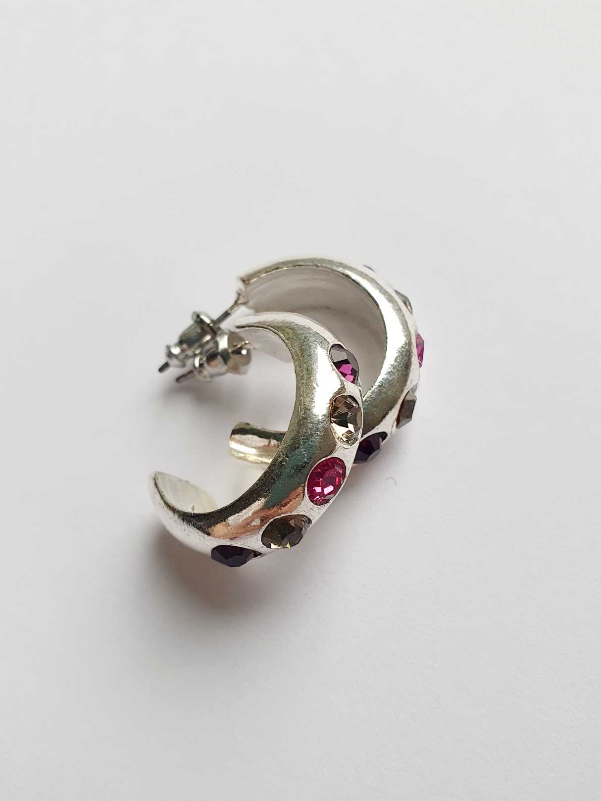 Vintage Silver Plated Hoop Stud Earrings with Purple Stones - Image 4