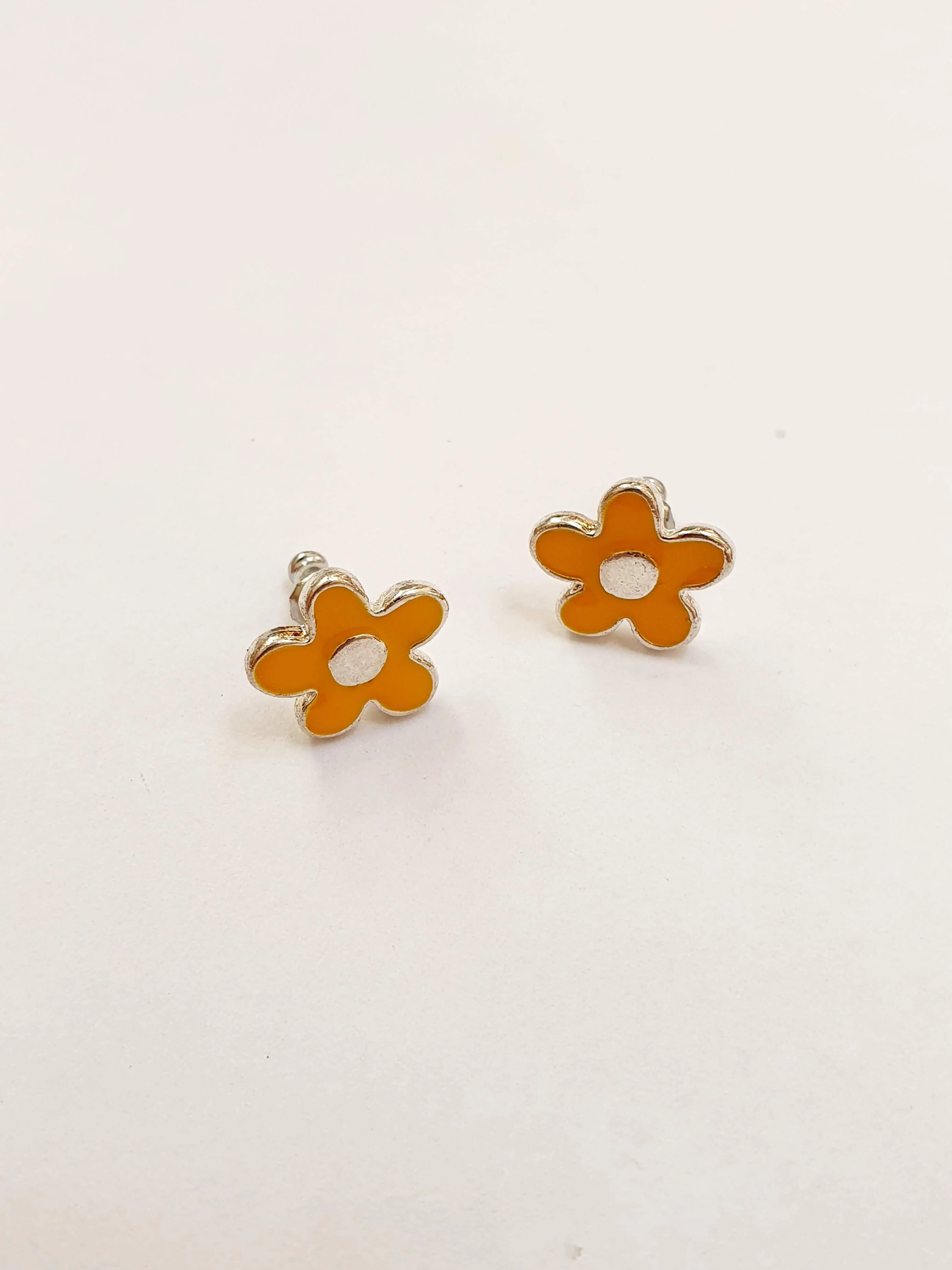 Vintage Silver Plated Mustard Enamel Flower Stud Earrings