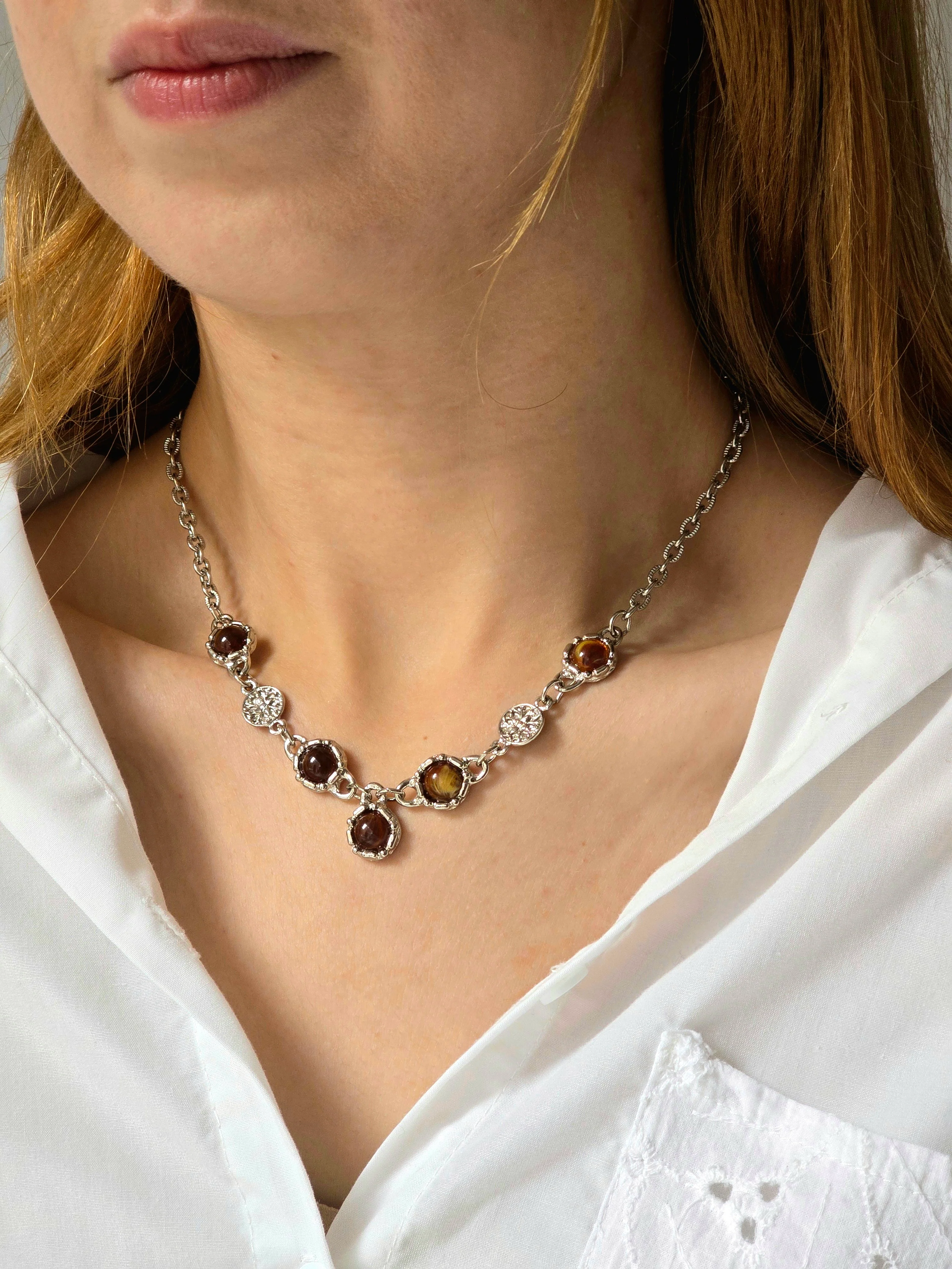Vintage Silver Plated Statement Chain Necklace with Brown Charm by Legacy - Image 2