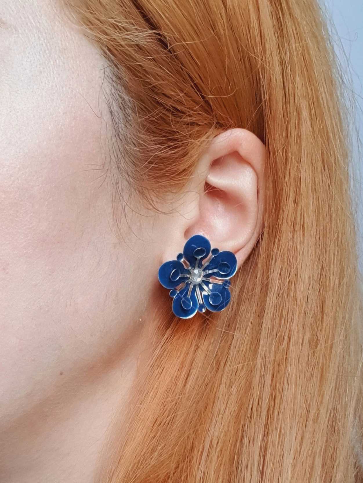 Vintage Silver Toned Blue Flower Stud Earrings - Image 2