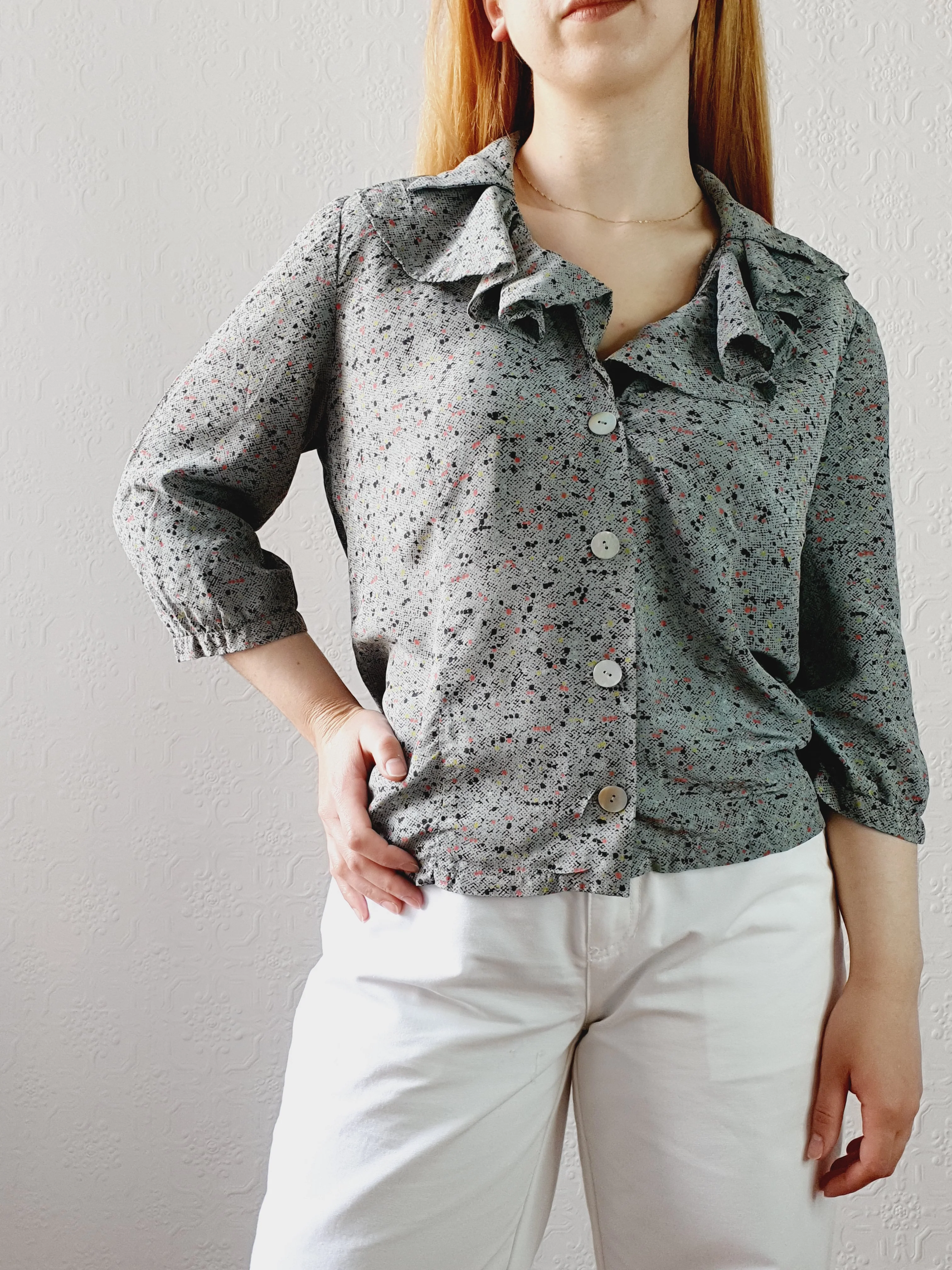Vintage Speckled Blouse with Ruffled Collar • S-M - Image 2