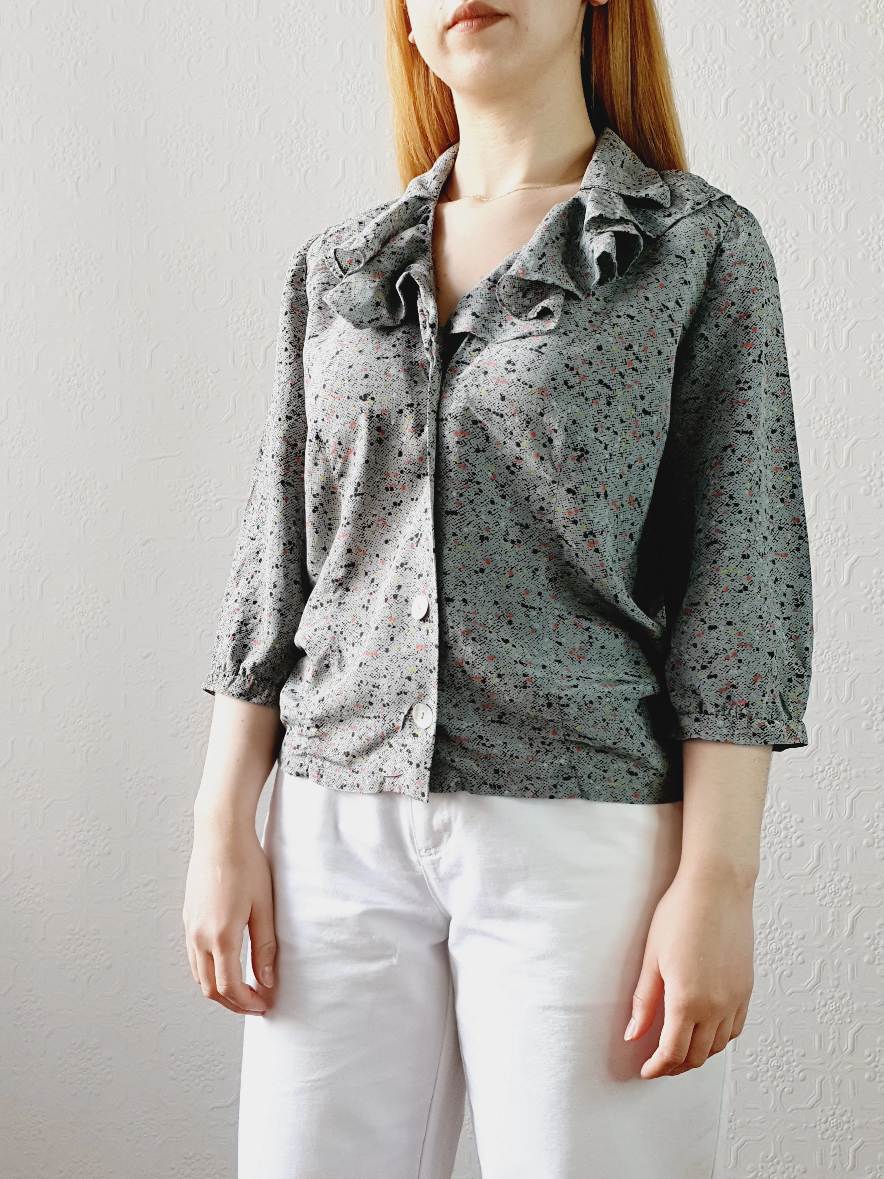 Vintage Speckled Blouse with Ruffled Collar • S-M - Image 3