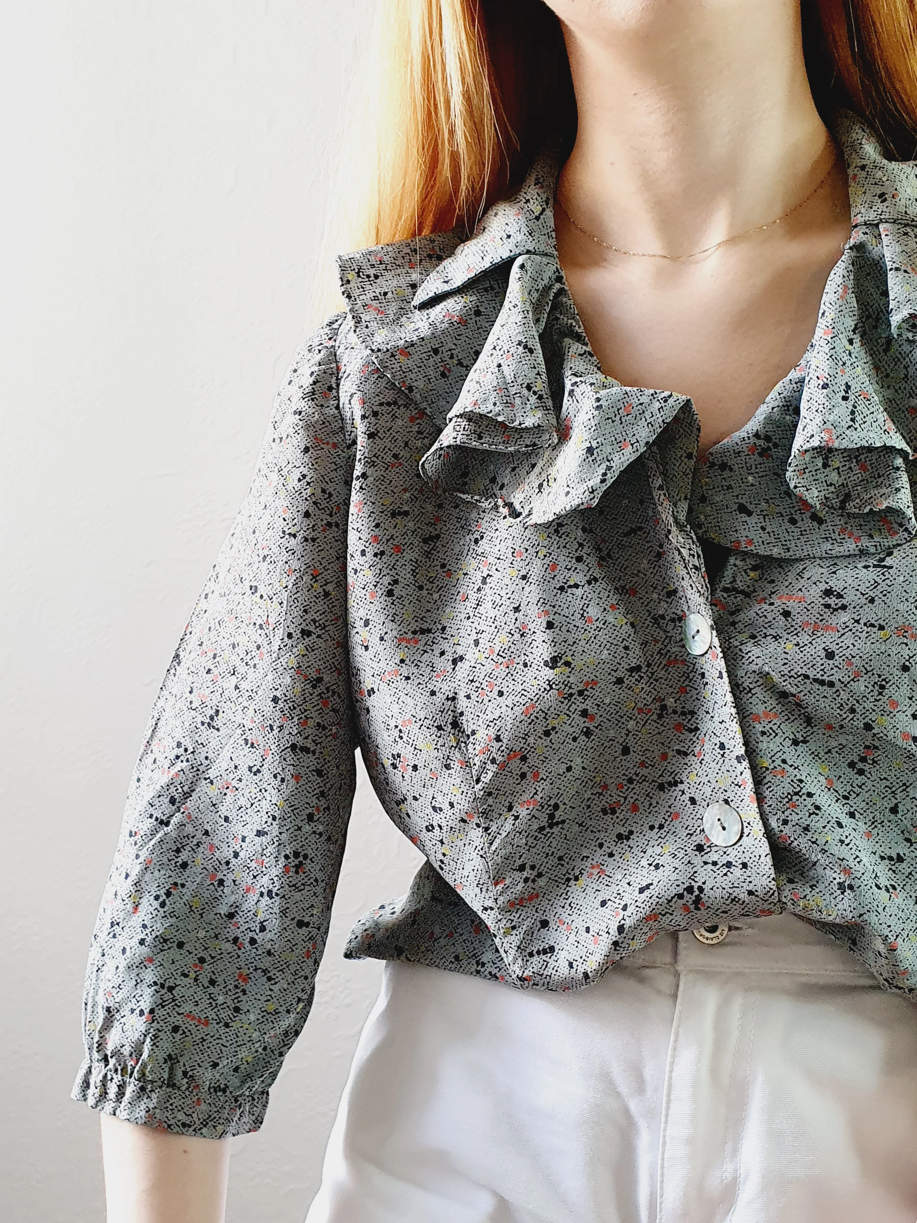 Vintage Speckled Blouse with Ruffled Collar • S-M - Image 5
