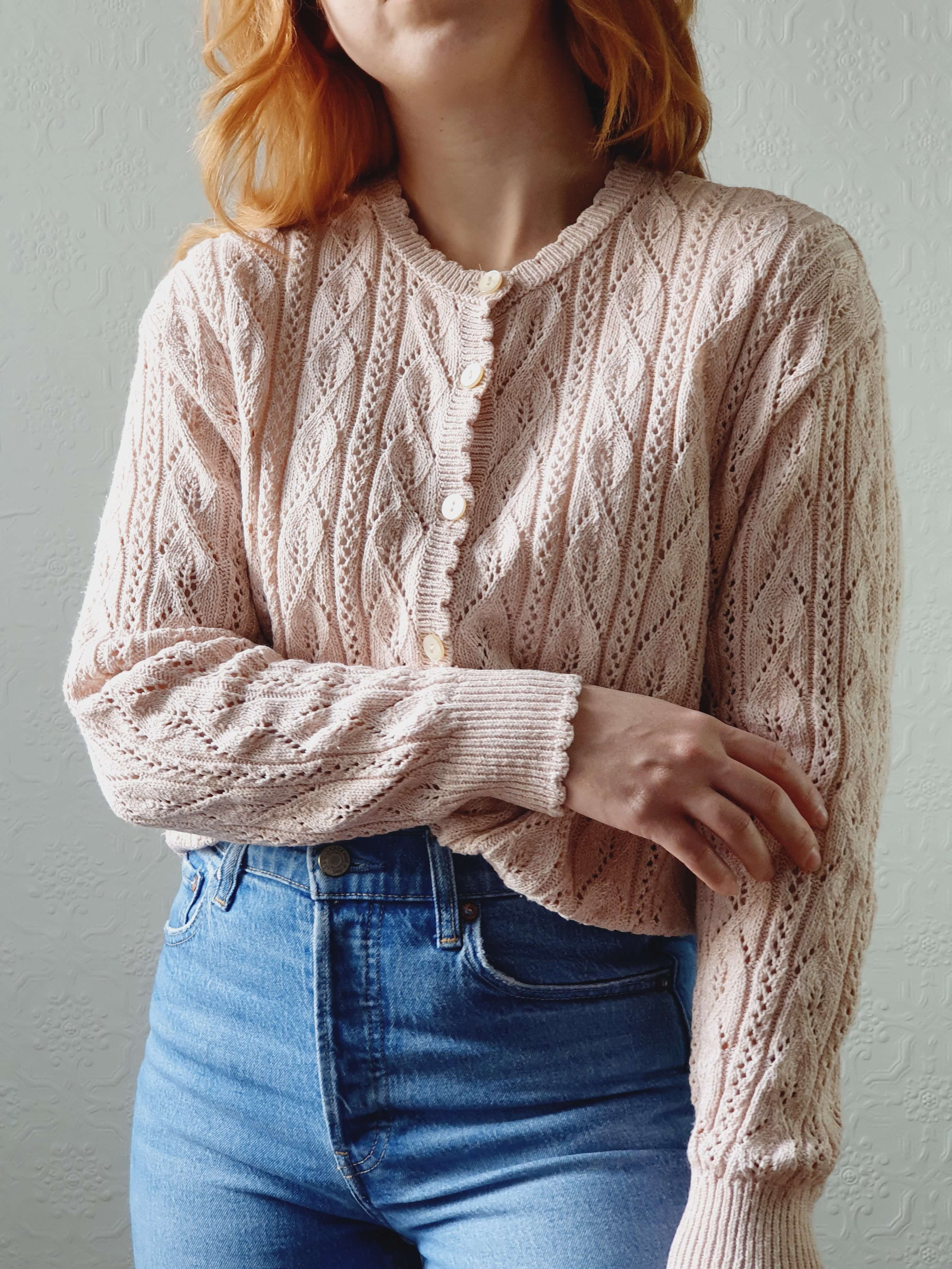 Vintage St Michael Rose Pink Cotton Knit Cardigan - M