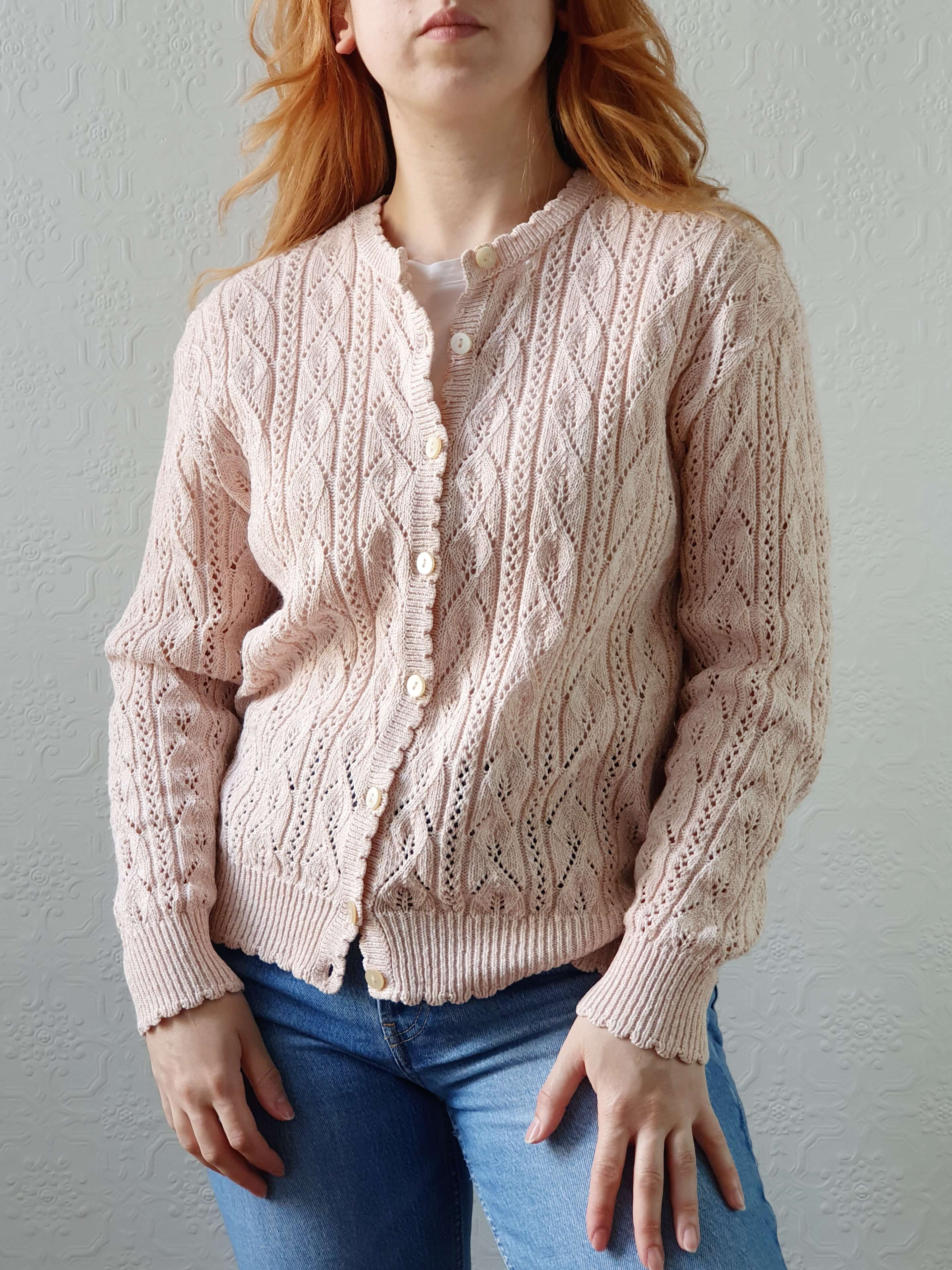 Vintage St Michael Rose Pink Cotton Knit Cardigan - M - Image 14