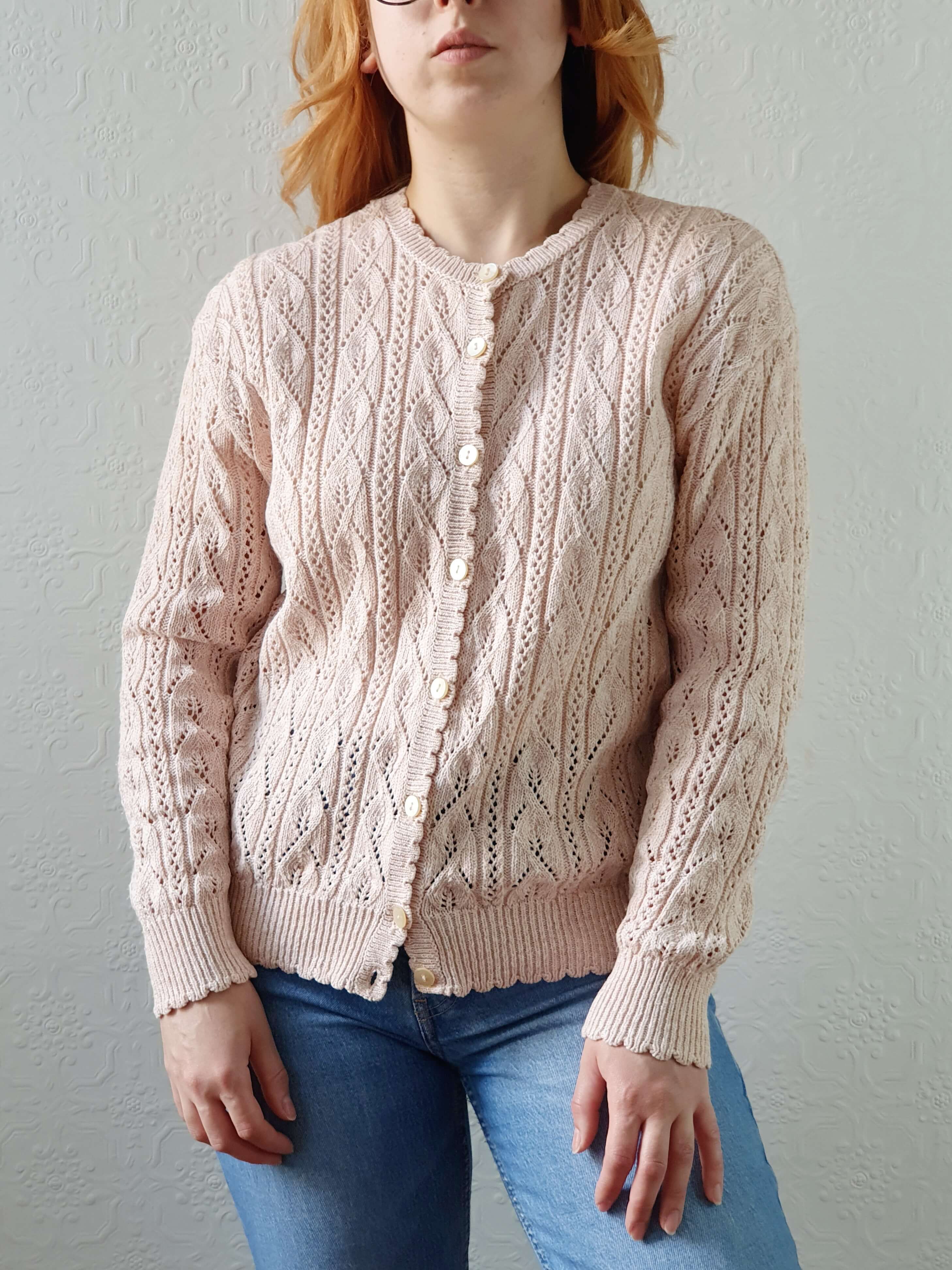 Vintage St Michael Rose Pink Cotton Knit Cardigan - M - Image 7