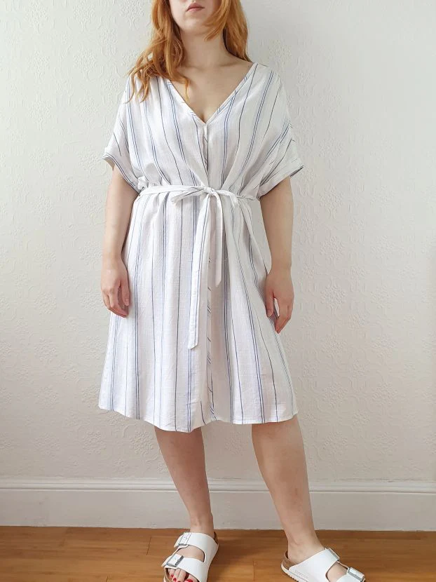 Vintage Striped Short Sleeve Linen Dress - L/XL