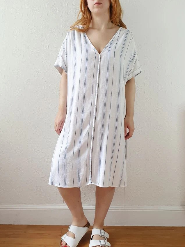 Vintage Striped Short Sleeve Linen Dress - L/XL - Image 10