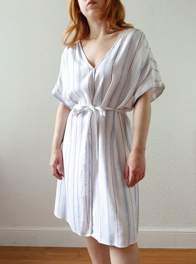 Vintage Striped Short Sleeve Linen Dress - L/XL - Image 2