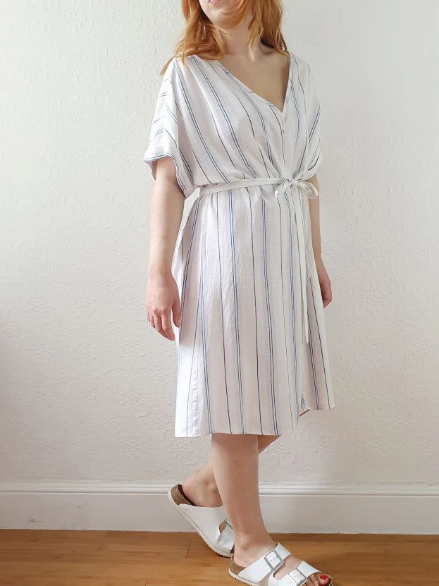Vintage Striped Short Sleeve Linen Dress - L/XL - Image 3