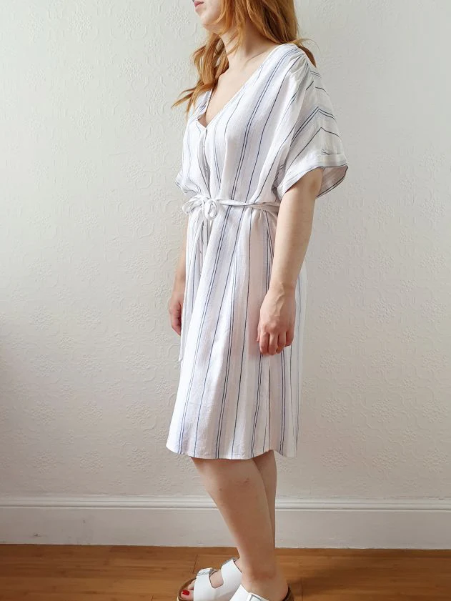Vintage Striped Short Sleeve Linen Dress - L/XL - Image 5
