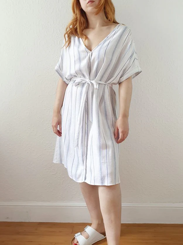 Vintage Striped Short Sleeve Linen Dress - L/XL - Image 6