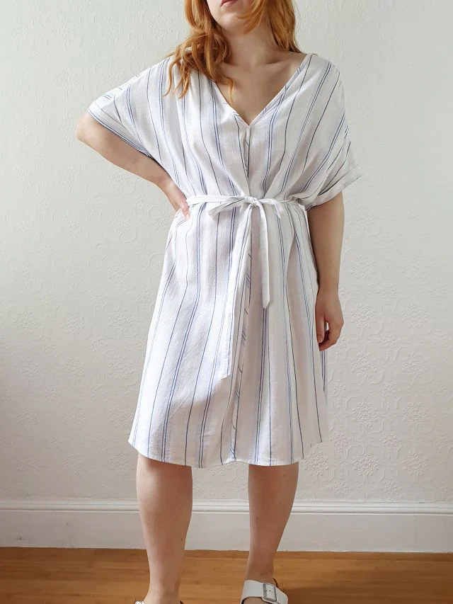 Vintage Striped Short Sleeve Linen Dress - L/XL - Image 7