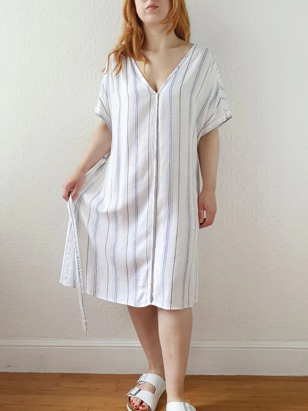 Vintage Striped Short Sleeve Linen Dress - L/XL - Image 9