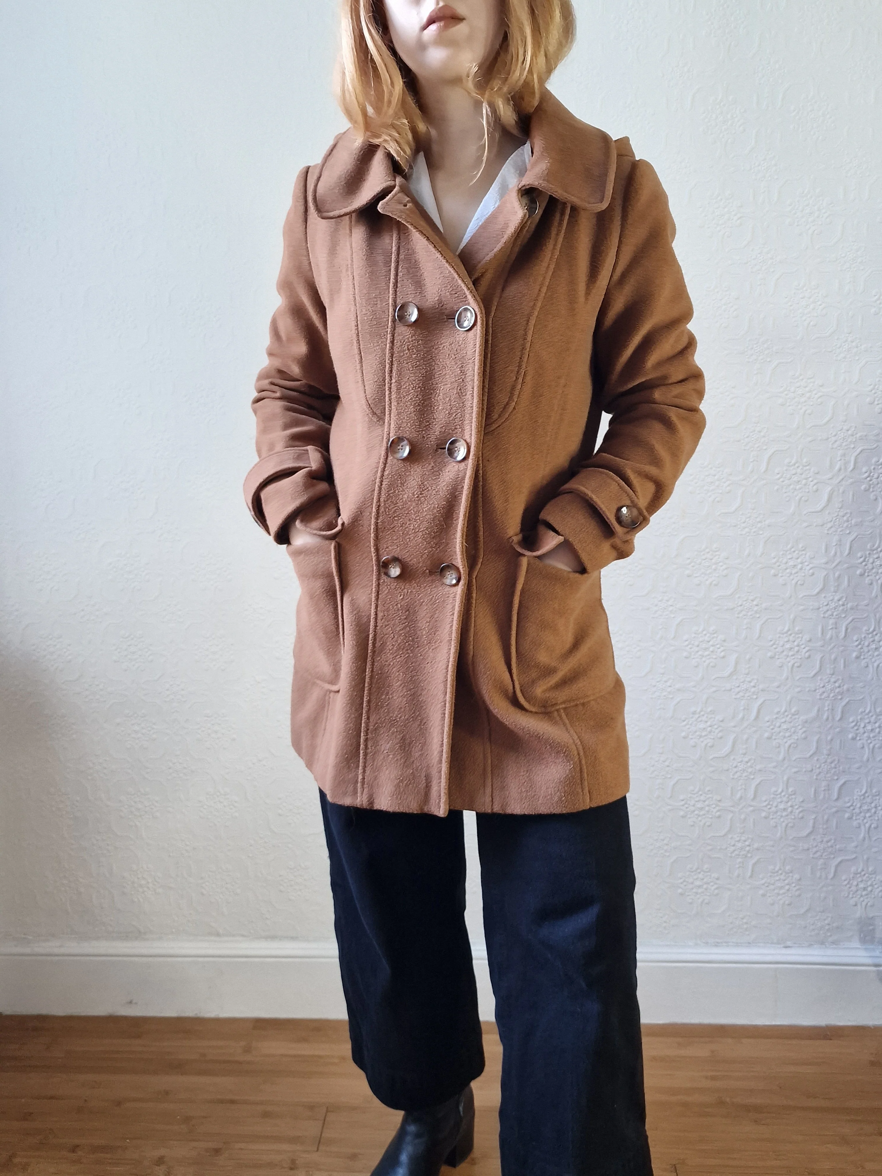 Vintage Tan Brown Duffle Style Coat with Hood - S - Image 10