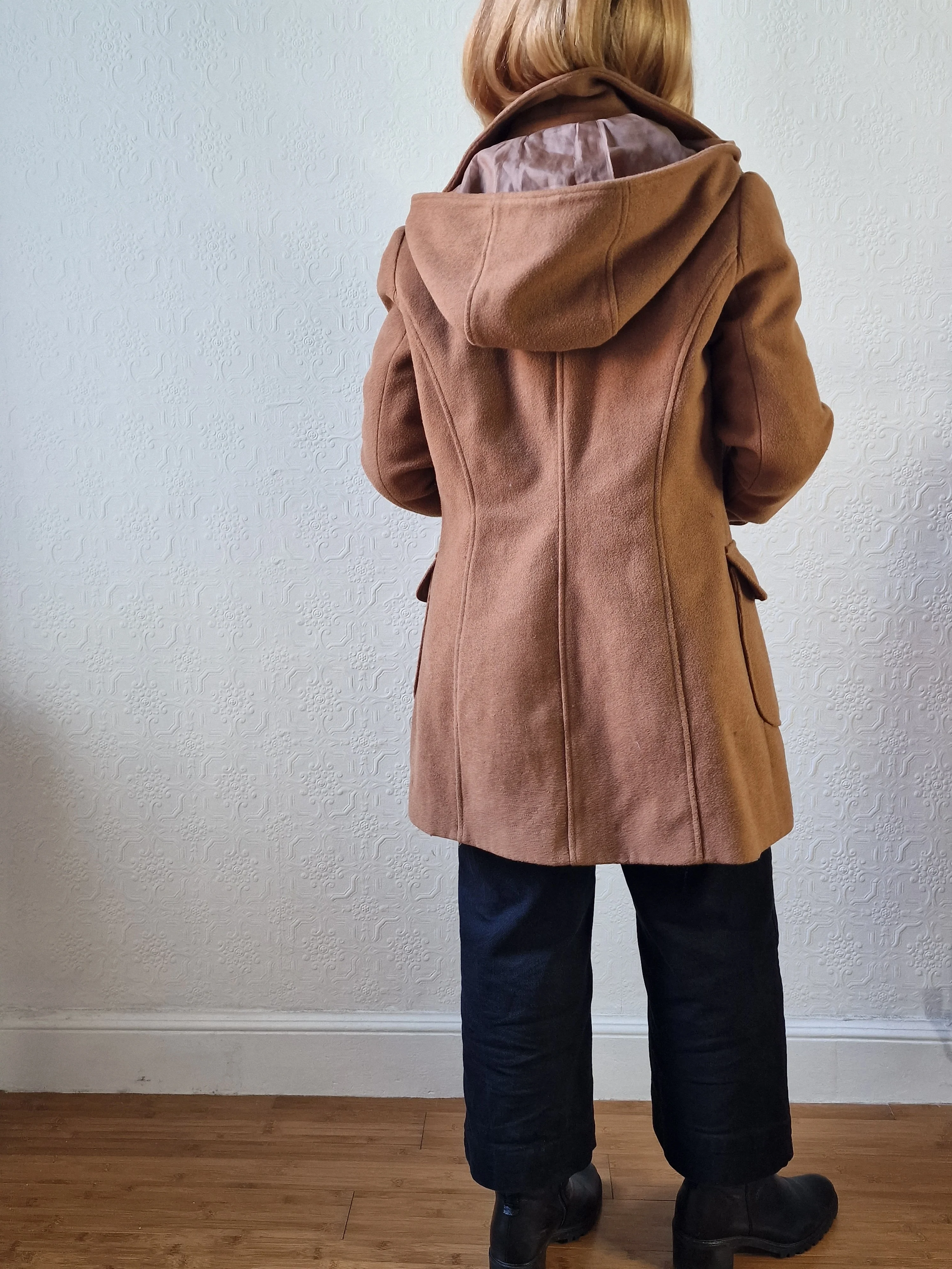 Vintage Tan Brown Duffle Style Coat with Hood - S - Image 5