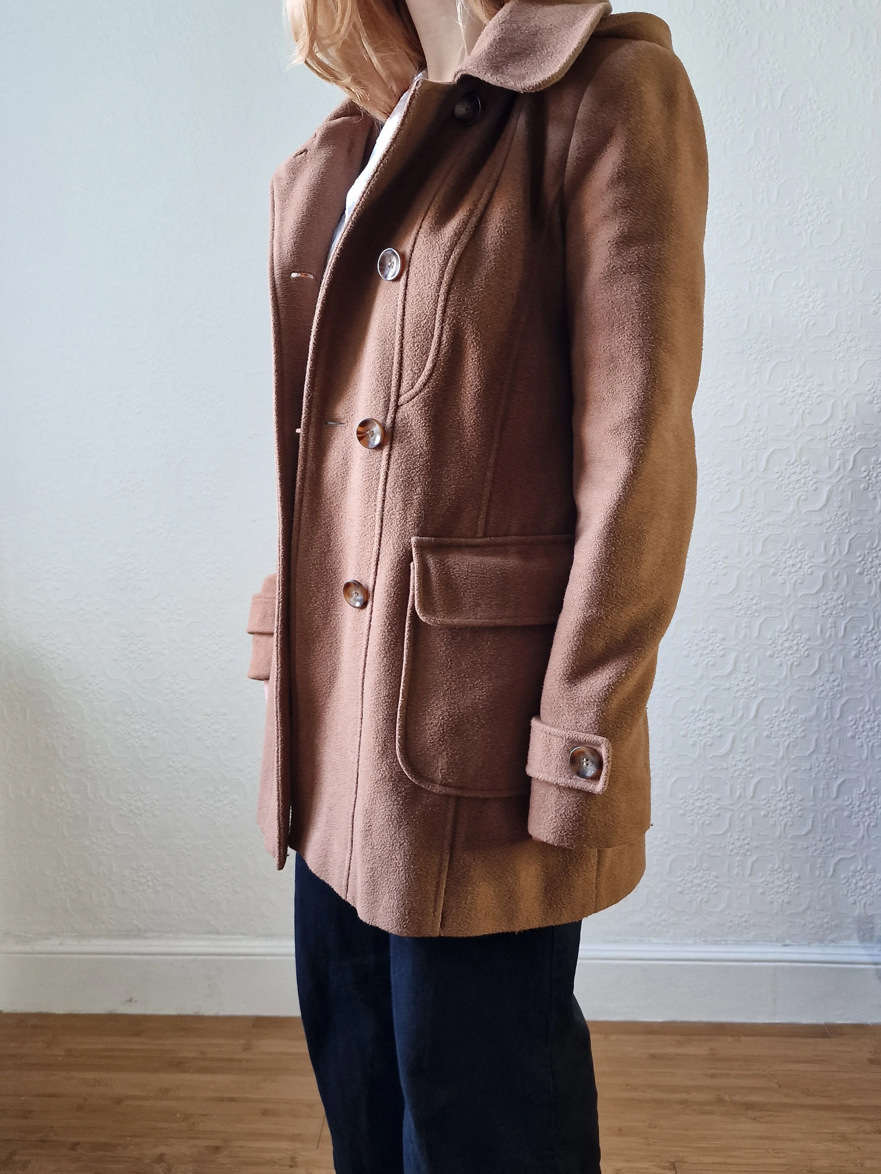 Vintage Tan Brown Duffle Style Coat with Hood - S - Image 7