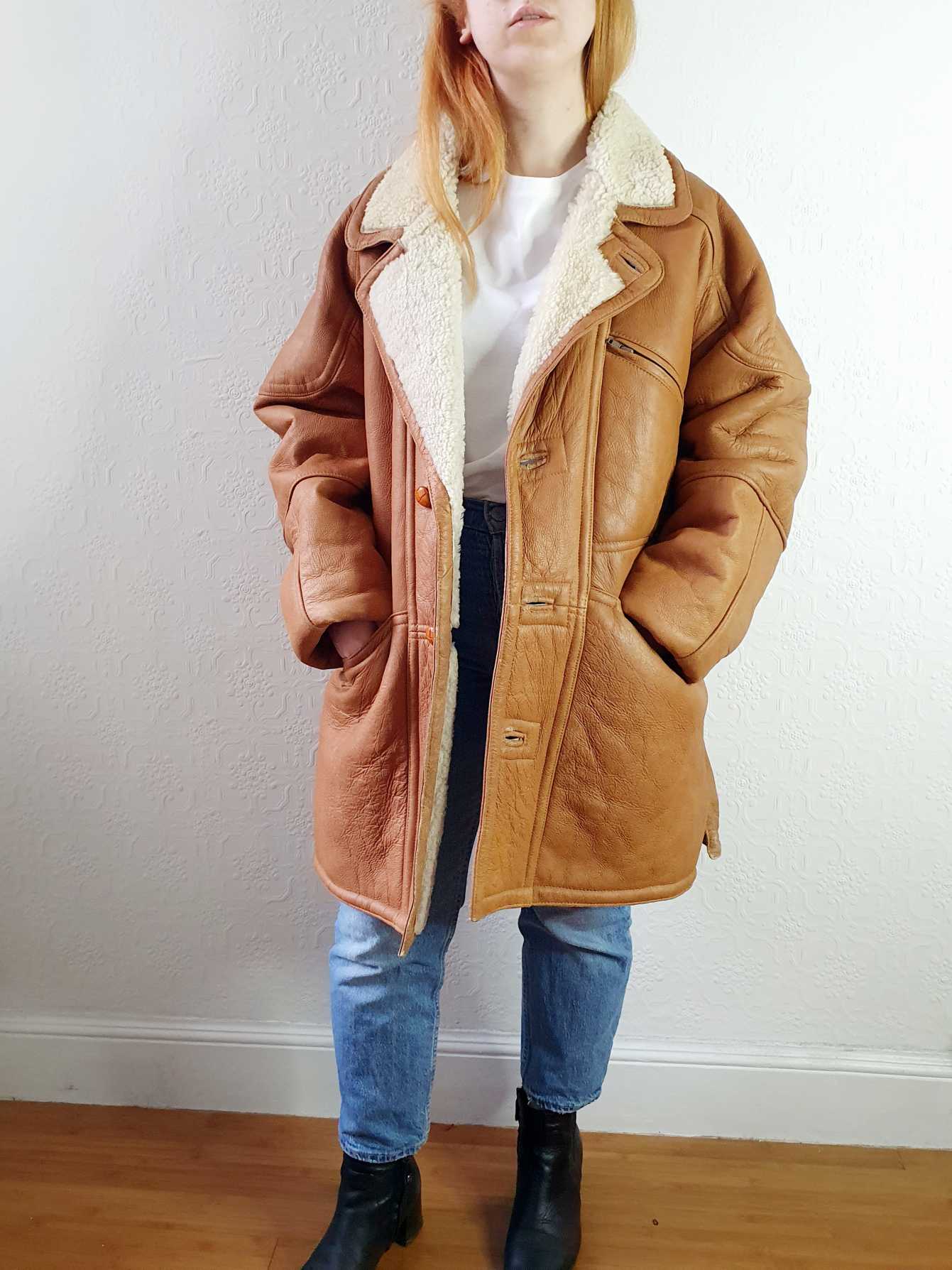 Vintage Tan Faux Sheepskin Jacket - L/XL