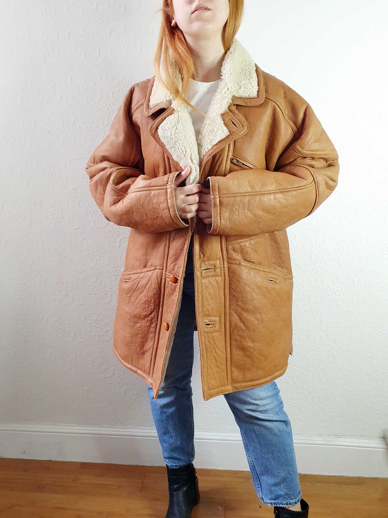 Vintage Tan Faux Sheepskin Jacket - L/XL - Image 11