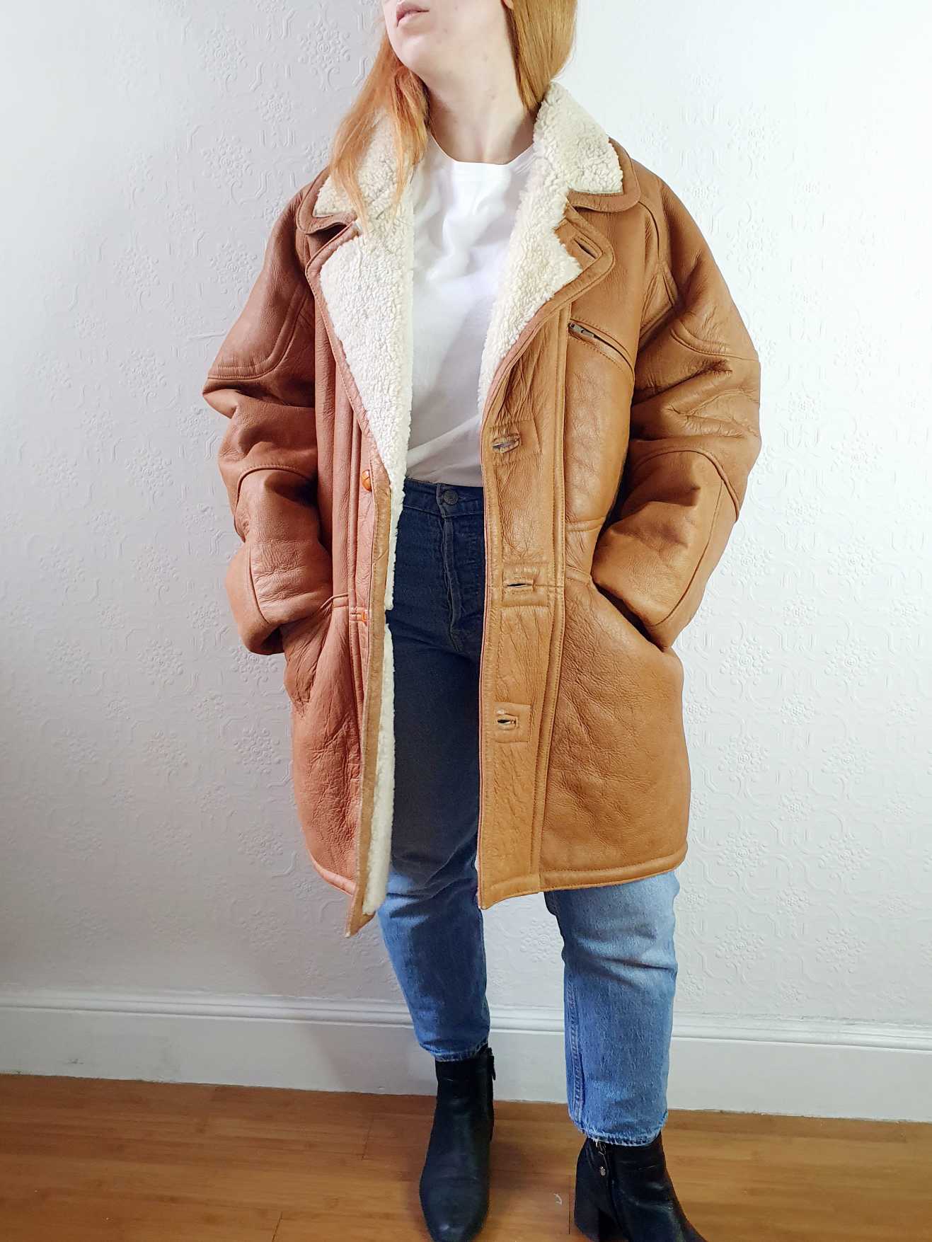 Vintage Tan Faux Sheepskin Jacket - L/XL - Image 2