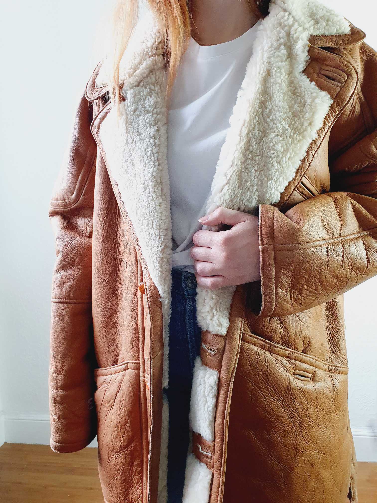 Vintage Tan Faux Sheepskin Jacket - L/XL - Image 3