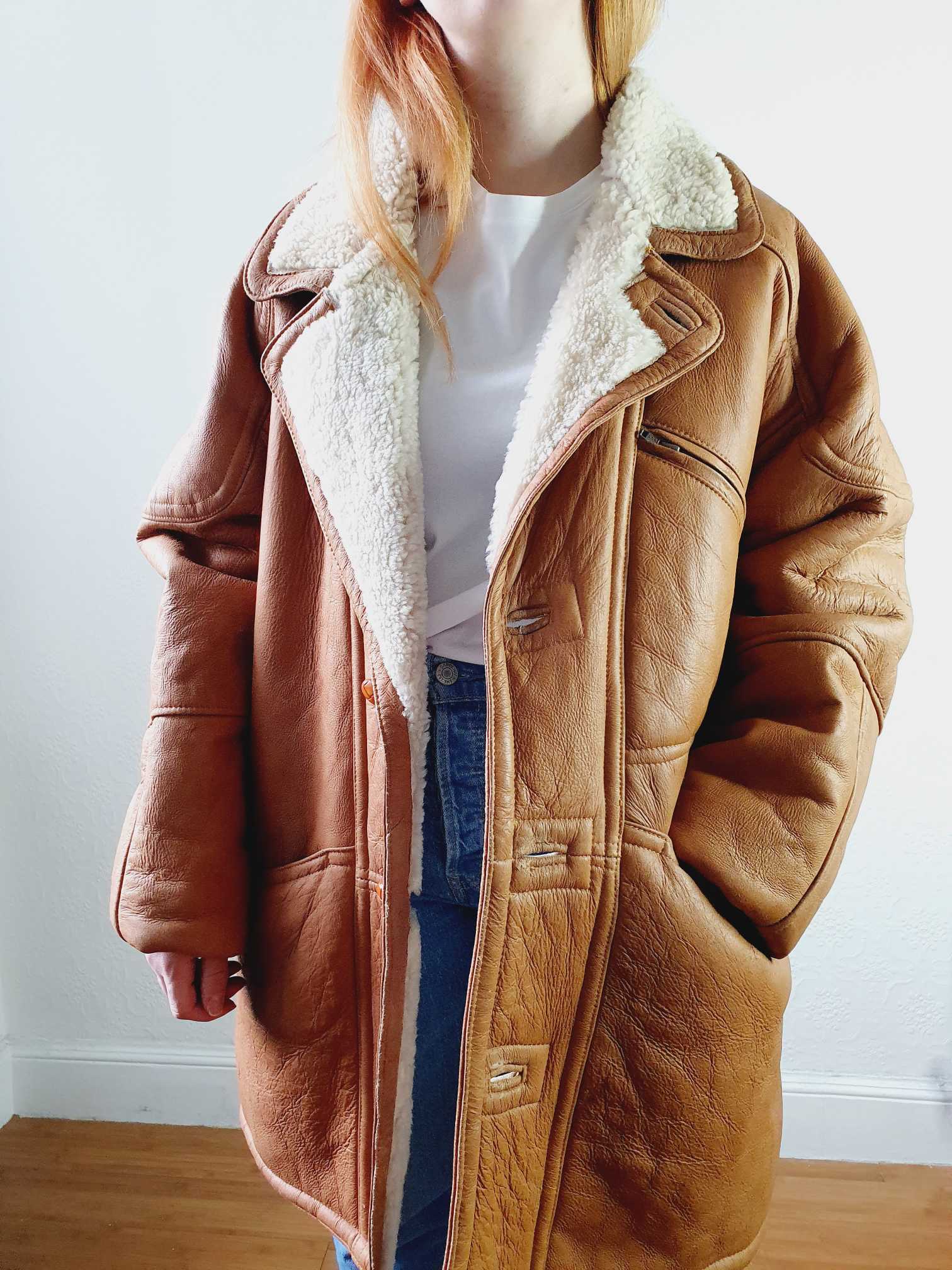 Vintage Tan Faux Sheepskin Jacket - L/XL - Image 9
