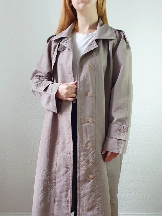 Vintage Taupe Grey Single Breasted Long Trench Coat - L