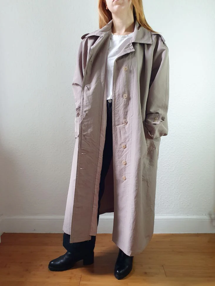 Vintage Taupe Grey Single Breasted Long Trench Coat - L - Image 10