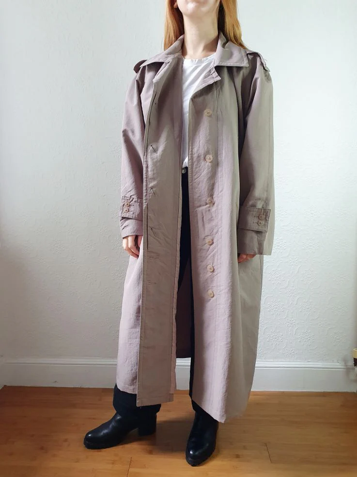 Vintage Taupe Grey Single Breasted Long Trench Coat - L - Image 11