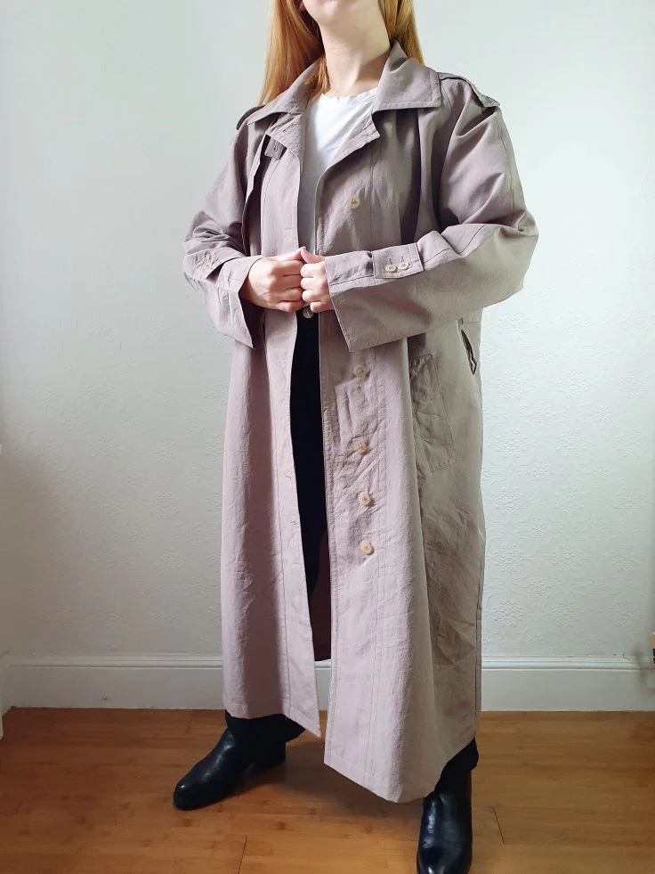 Vintage Taupe Grey Single Breasted Long Trench Coat - L - Image 2
