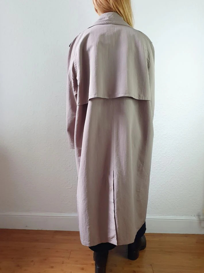 Vintage Taupe Grey Single Breasted Long Trench Coat - L - Image 4