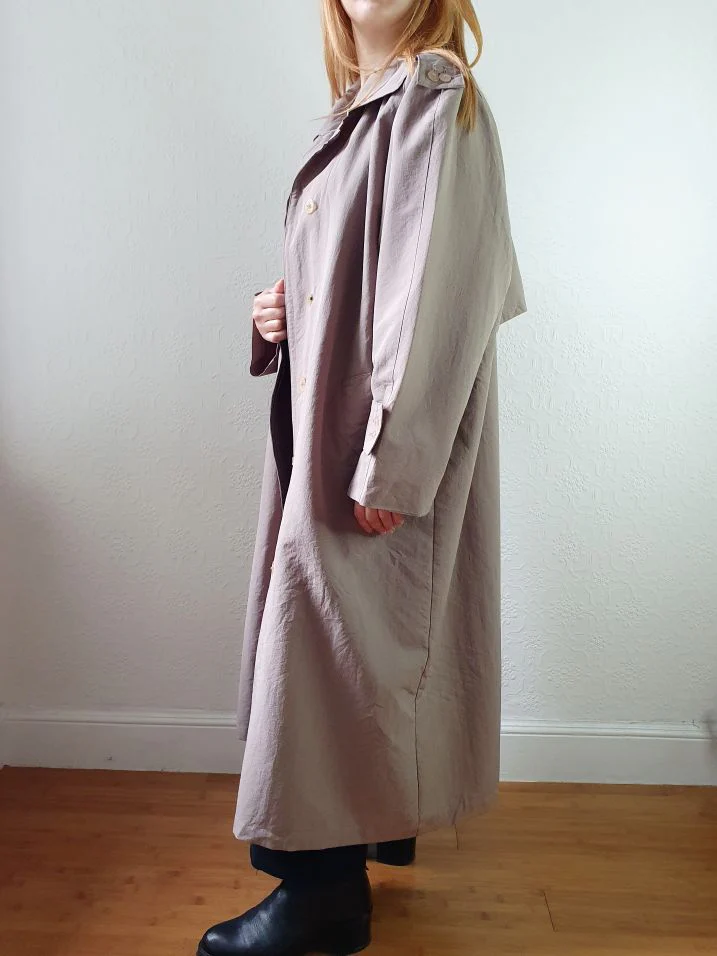 Vintage Taupe Grey Single Breasted Long Trench Coat - L - Image 5