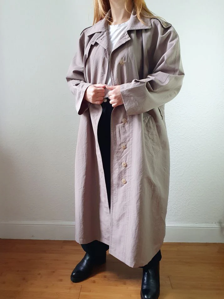 Vintage Taupe Grey Single Breasted Long Trench Coat - L - Image 7