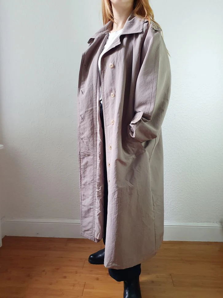 Vintage Taupe Grey Single Breasted Long Trench Coat - L - Image 8