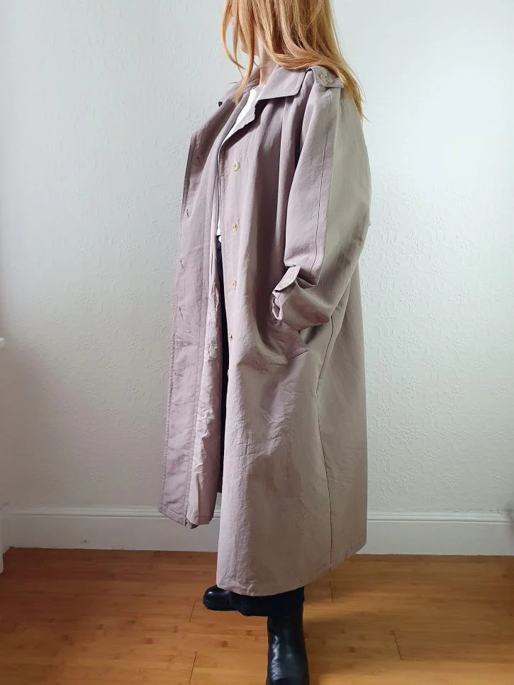 Vintage Taupe Grey Single Breasted Long Trench Coat - L - Image 9