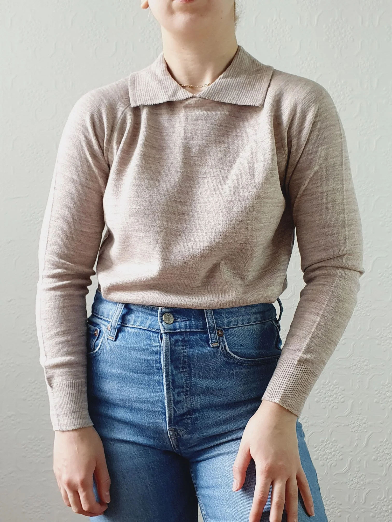 Vintage Taupe Polo Style Long Sleeve Jumper with Collared Neck - XS - Image 2