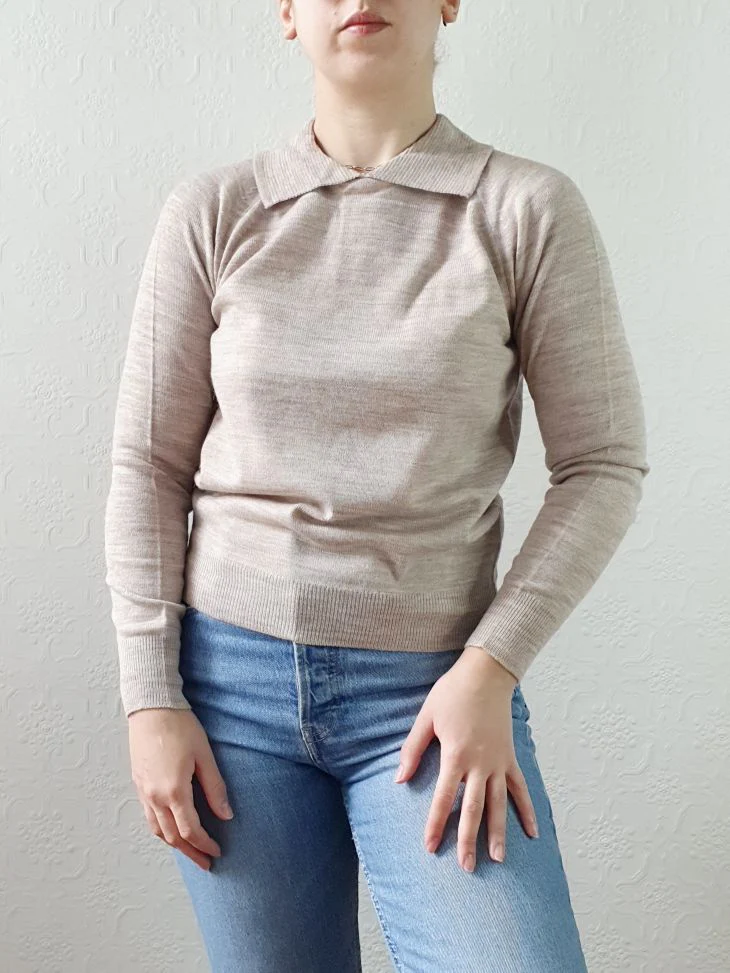 Vintage Taupe Polo Style Long Sleeve Jumper with Collared Neck - XS - Image 3