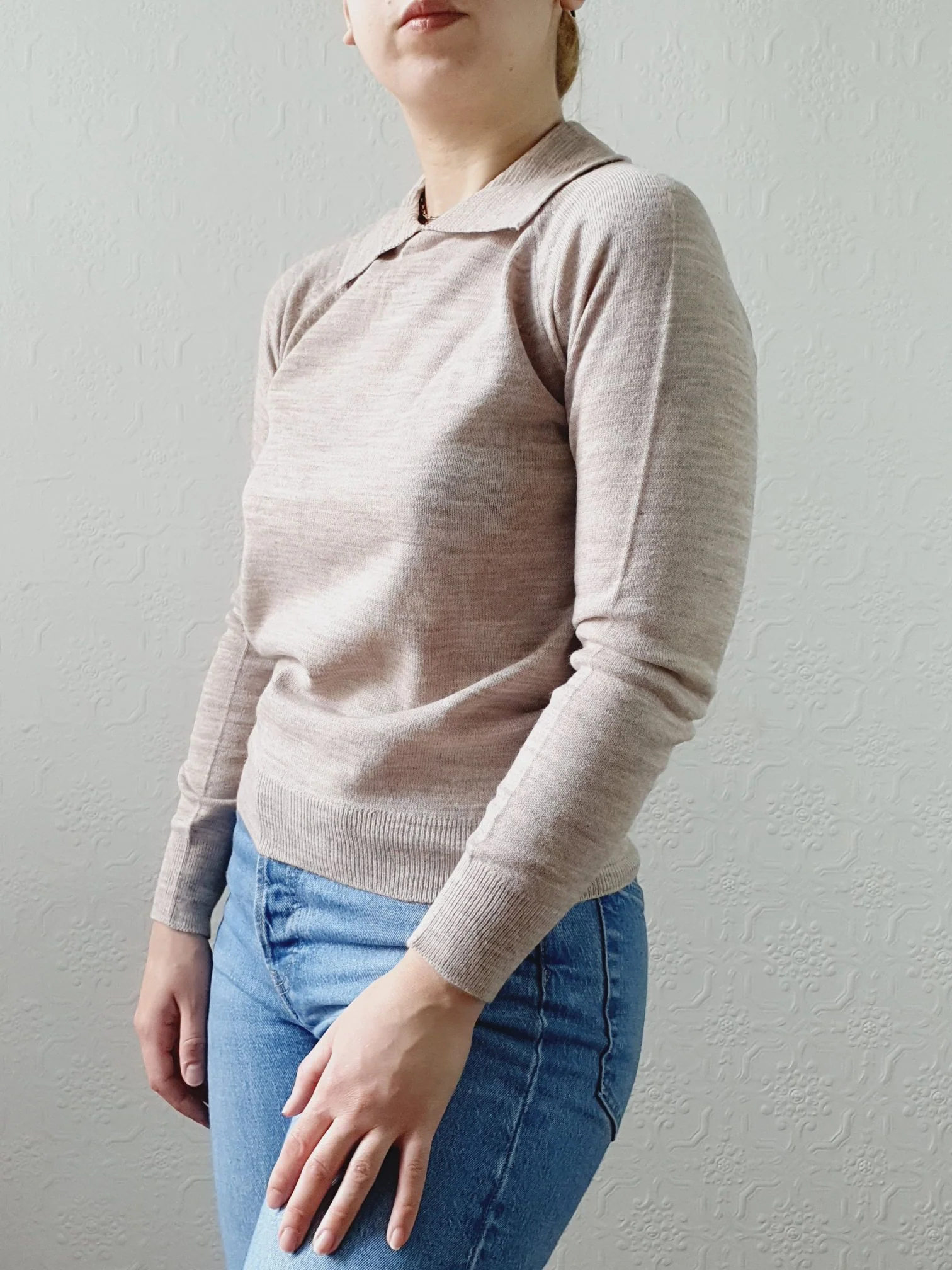 Vintage Taupe Polo Style Long Sleeve Jumper with Collared Neck - XS - Image 4