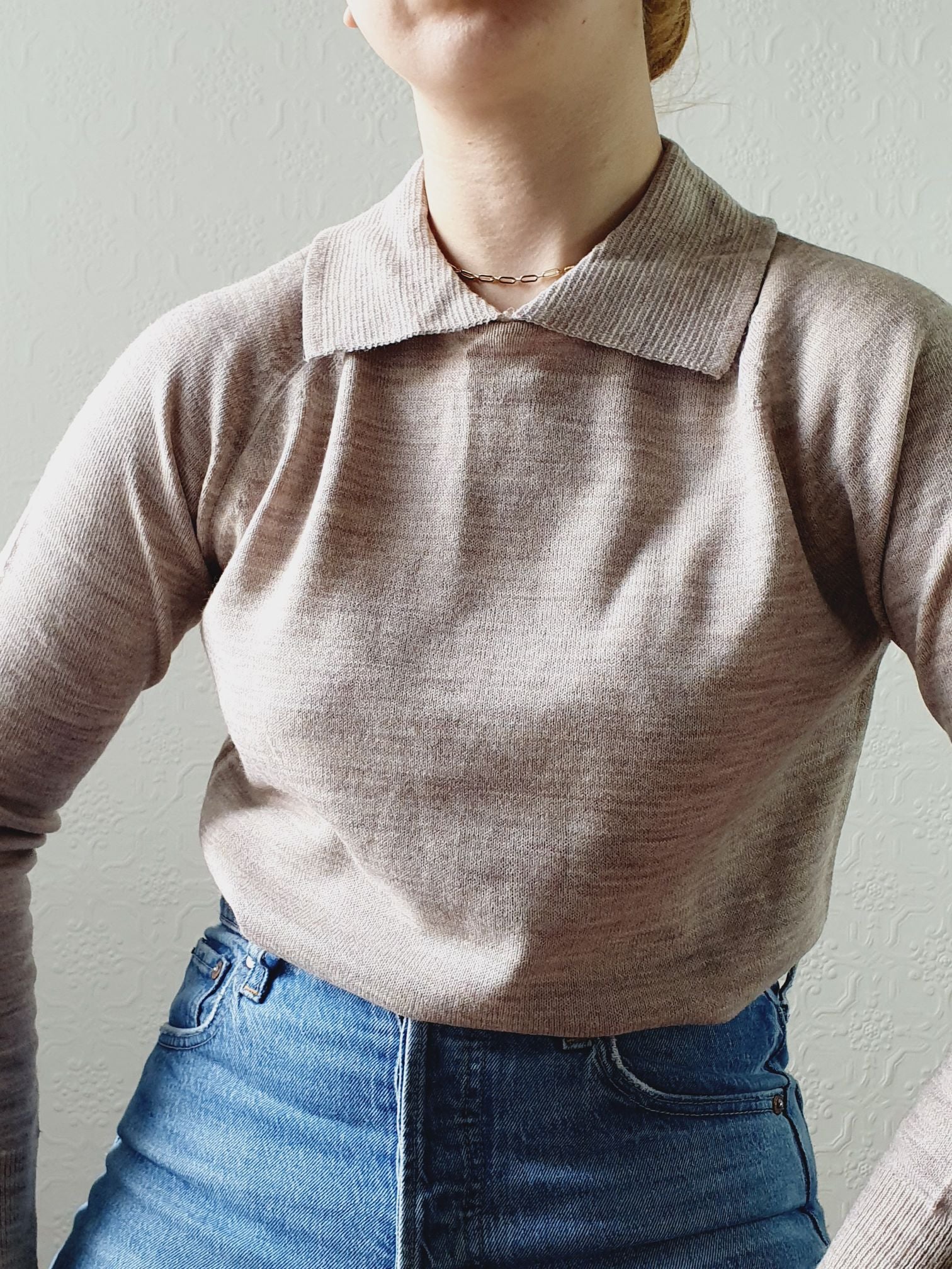 Vintage Taupe Polo Style Long Sleeve Jumper with Collared Neck - XS - Image 7