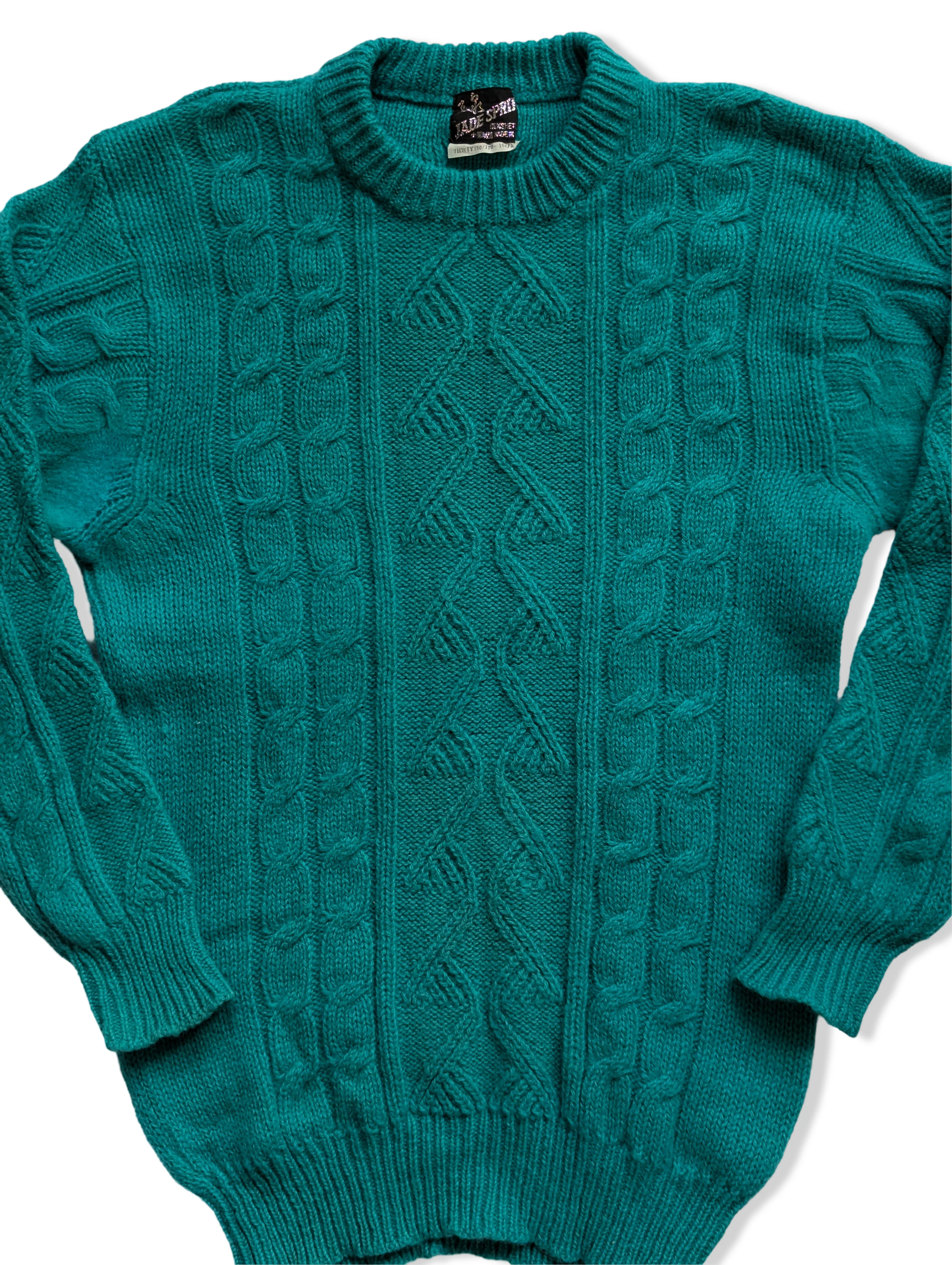 Vintage Turquoise Pure Wool Cable Knit Jumper - S - Image 2