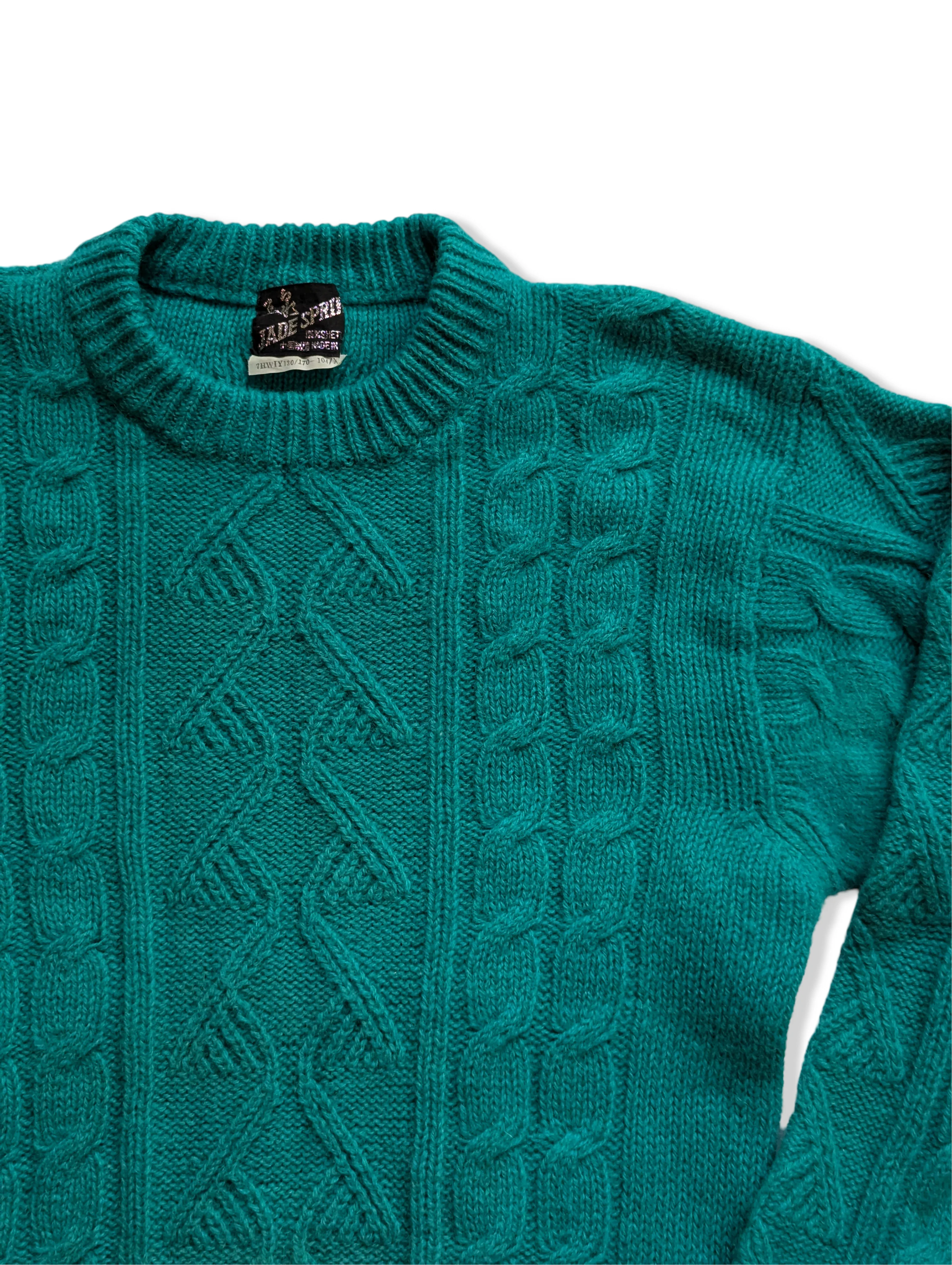 Vintage Turquoise Pure Wool Cable Knit Jumper - S - Image 3