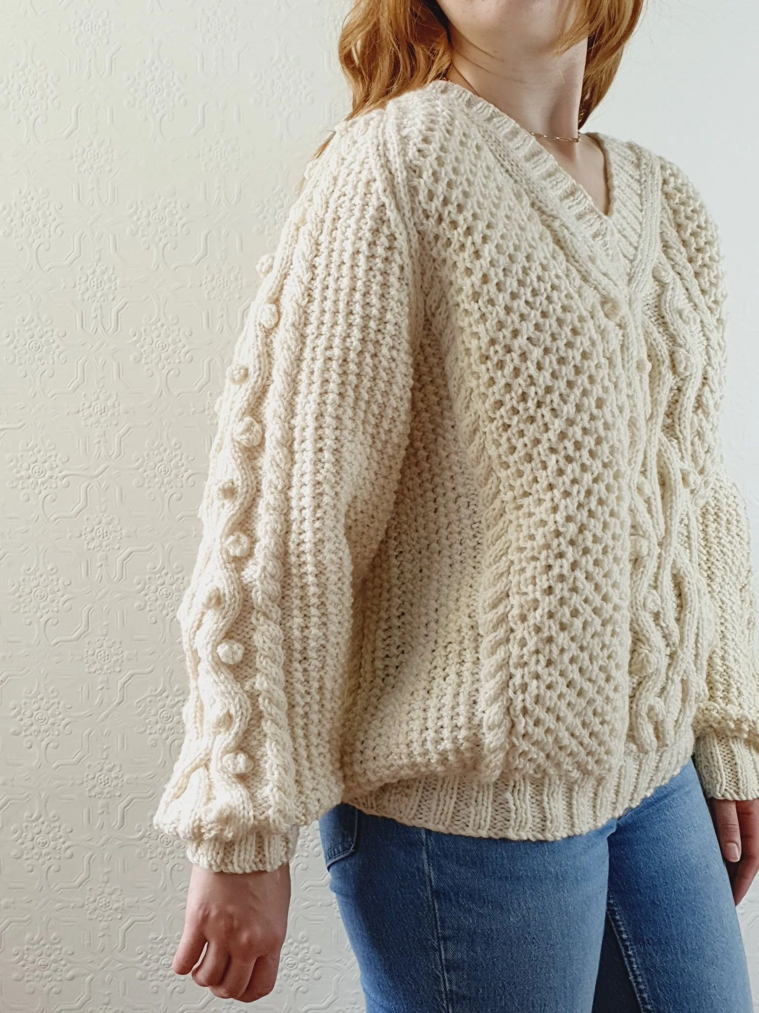 Vintage V-Neck 100% Wool Handknitted Aran Jumper - L - Image 2