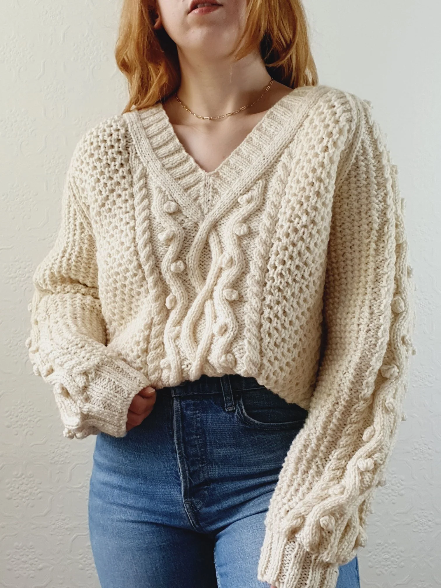 Vintage V-Neck 100% Wool Handknitted Aran Jumper - L - Image 3