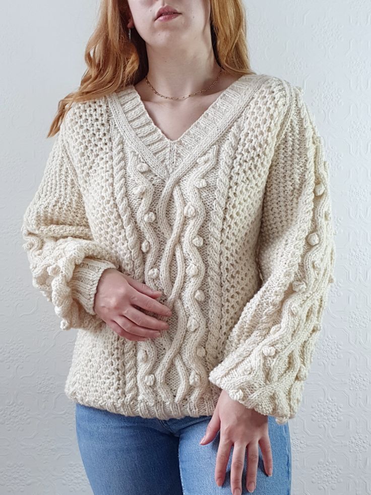 Vintage V-Neck 100% Wool Handknitted Aran Jumper - L - Image 5