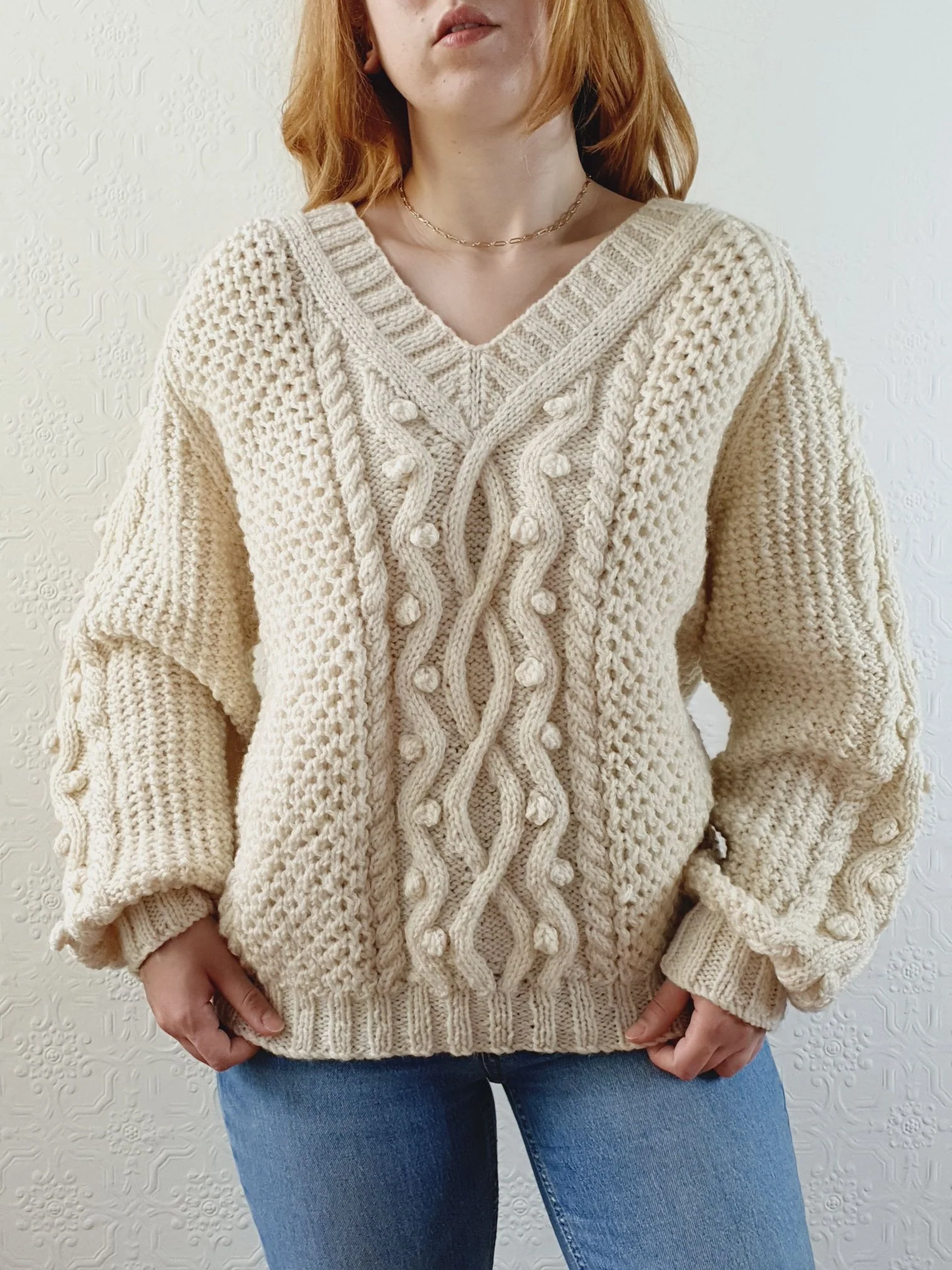 Vintage V-Neck 100% Wool Handknitted Aran Jumper - L - Image 6