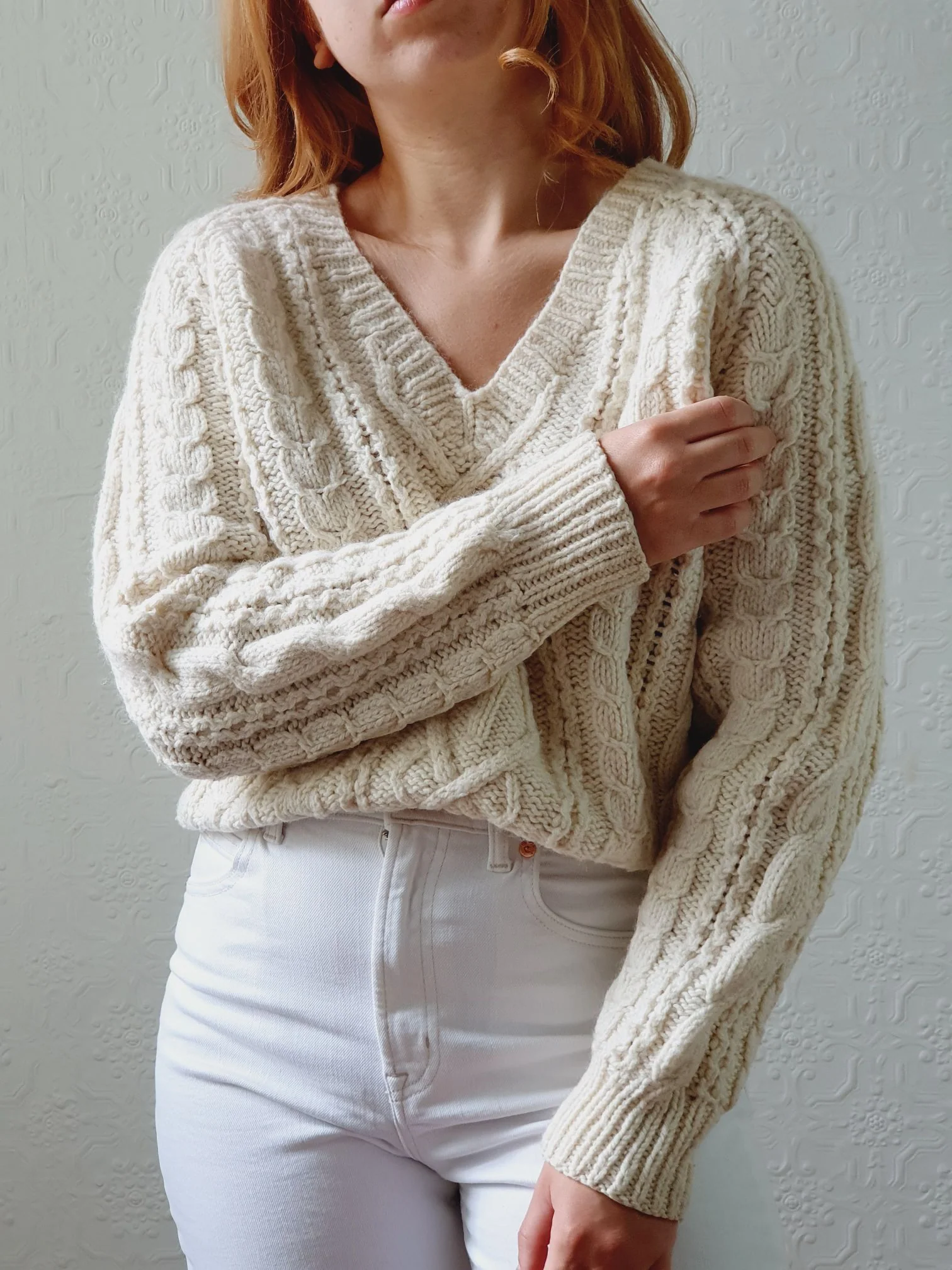 Vintage V-Neck 100% Wool Handknitted Cream Aran Jumper - S/M - Image 2