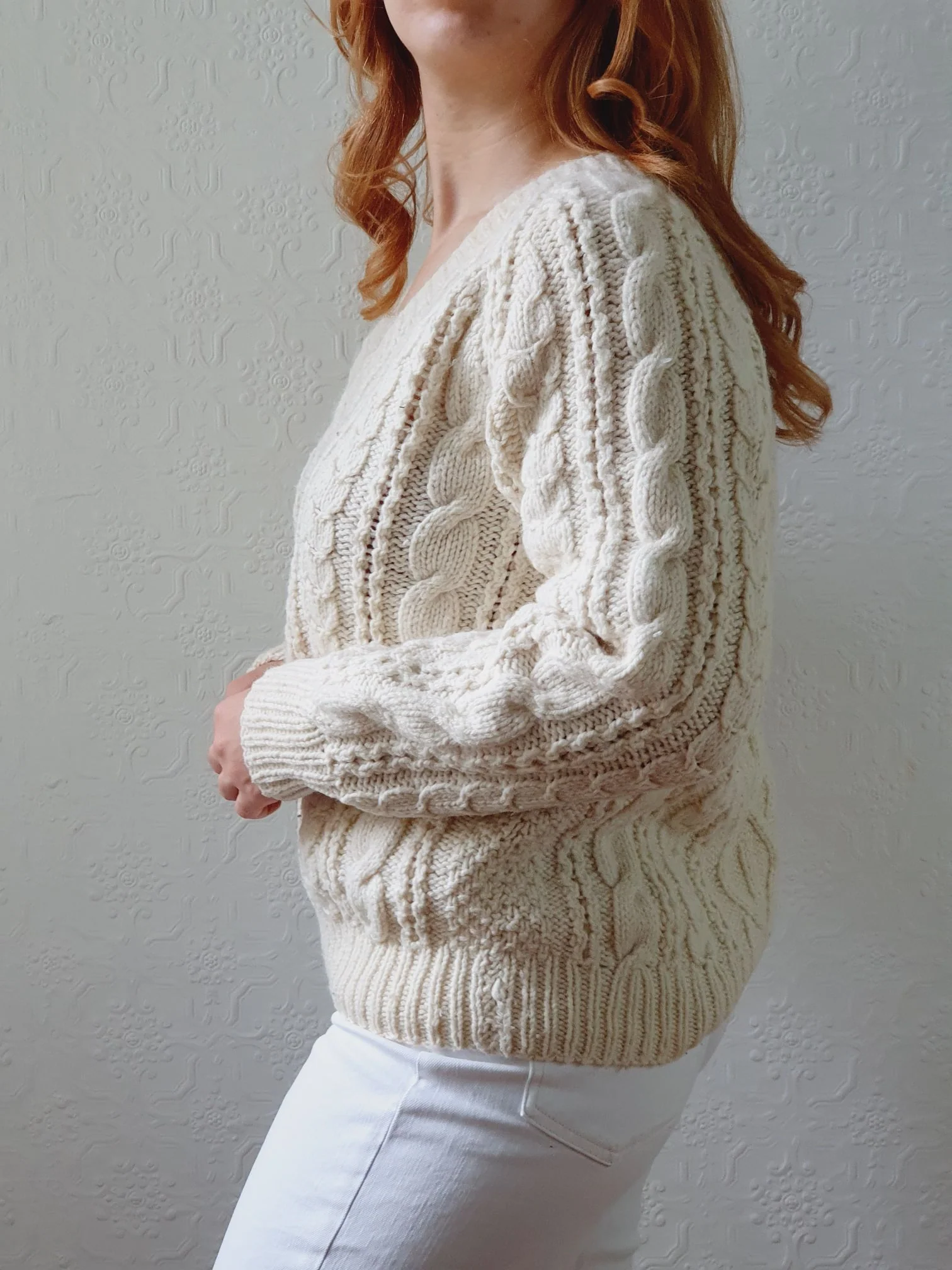 Vintage V-Neck 100% Wool Handknitted Cream Aran Jumper - S/M - Image 6